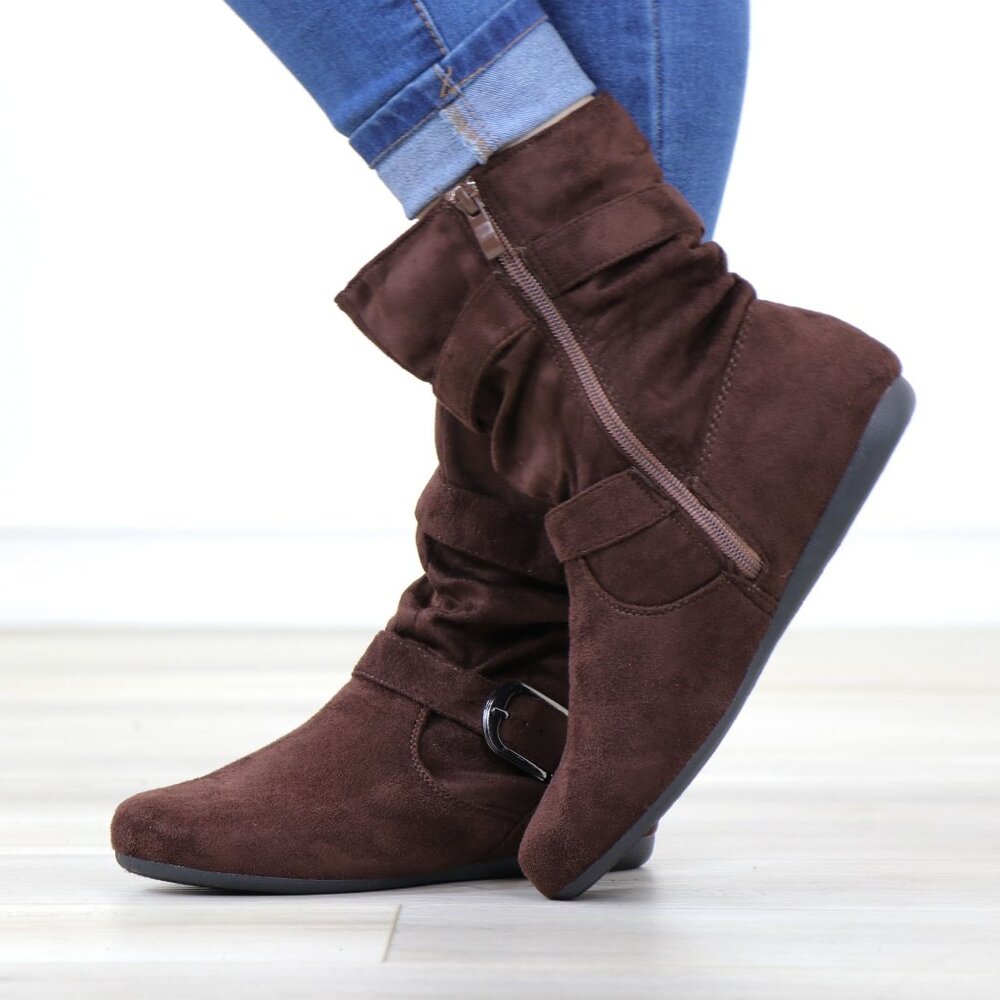 Brown Suede Buckle Boots  Flat Sole Slouchy Fit Everyday Fall Style - Picture 8 of 14